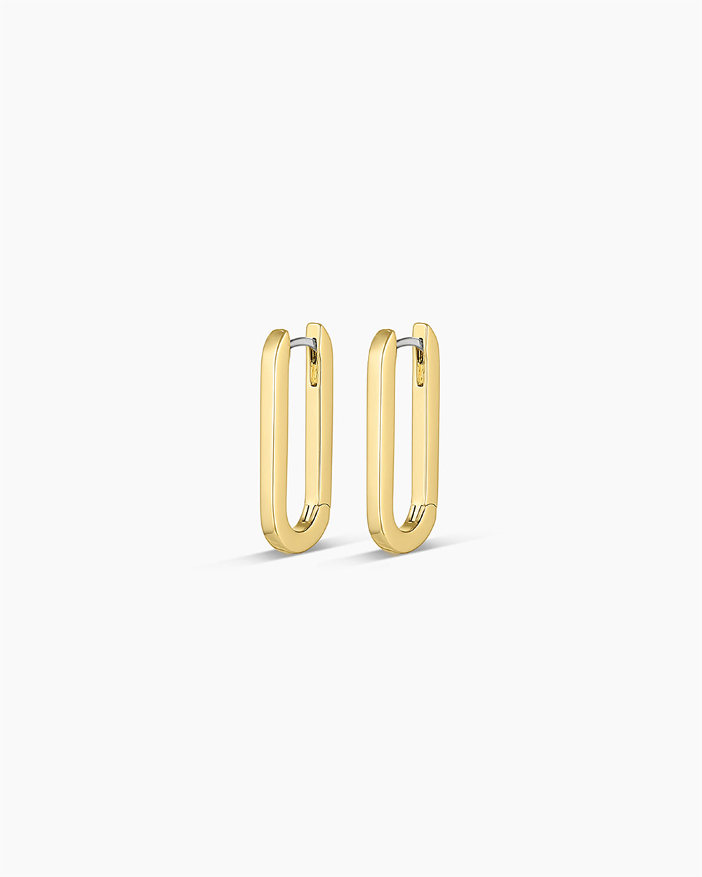 The Gorjana Parker Huggies are 18k gold plated earrings featuring a paper clip link design, displayed against a plain white background.