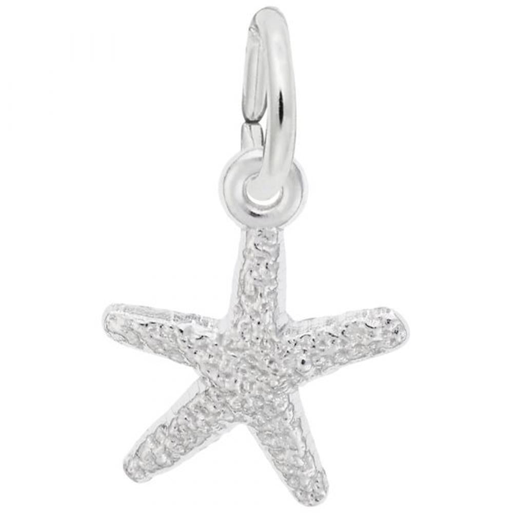 The Starfish Small Charm from Rembrandt Charms is a beautiful piece crafted from sterling silver. It features a textured surface and has a small loop at the top, perfect for attaching to a chain or bracelet. This detailed charm boasts an elegant, shiny finish.