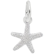 The Starfish Small Charm from Rembrandt Charms is a beautiful piece crafted from sterling silver. It features a textured surface and has a small loop at the top, perfect for attaching to a chain or bracelet. This detailed charm boasts an elegant, shiny finish.