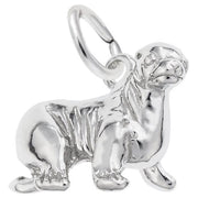 A shiny Sterling Silver Sea Lion Charm by Rembrandt Charms, featuring distinctive details like tusks and flippers. The charm includes a small loop at the top for attaching to a bracelet or necklace. The sea lion is depicted in a sitting position.
