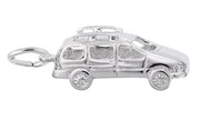 The Mini Van Charm by Rembrandt Charms is crafted from sterling silver and shaped like an SUV, showcasing detailed windows, roof rails, and wheels. The keyring is attached to the rear of the car, designed to mimic a miniature model vehicle with a metallic and polished finish.