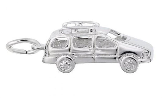 The Mini Van Charm by Rembrandt Charms is crafted from sterling silver and shaped like an SUV, showcasing detailed windows, roof rails, and wheels. The keyring is attached to the rear of the car, designed to mimic a miniature model vehicle with a metallic and polished finish.