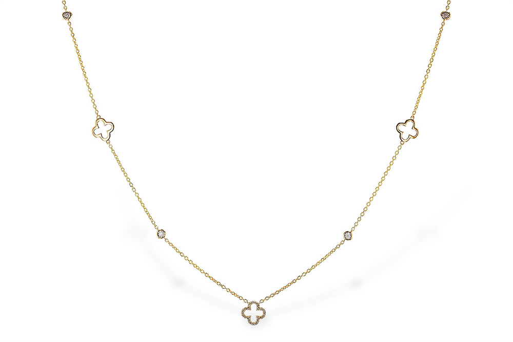 A delicate 14K YG Van Cleef Style Necklace (N8606) by Allison Kaufman, featuring four-leaf clover motifs and small white stones, shown on a plain white background.