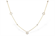 A delicate 14K YG Van Cleef Style Necklace (N8606) by Allison Kaufman, featuring four-leaf clover motifs and small white stones, shown on a plain white background.