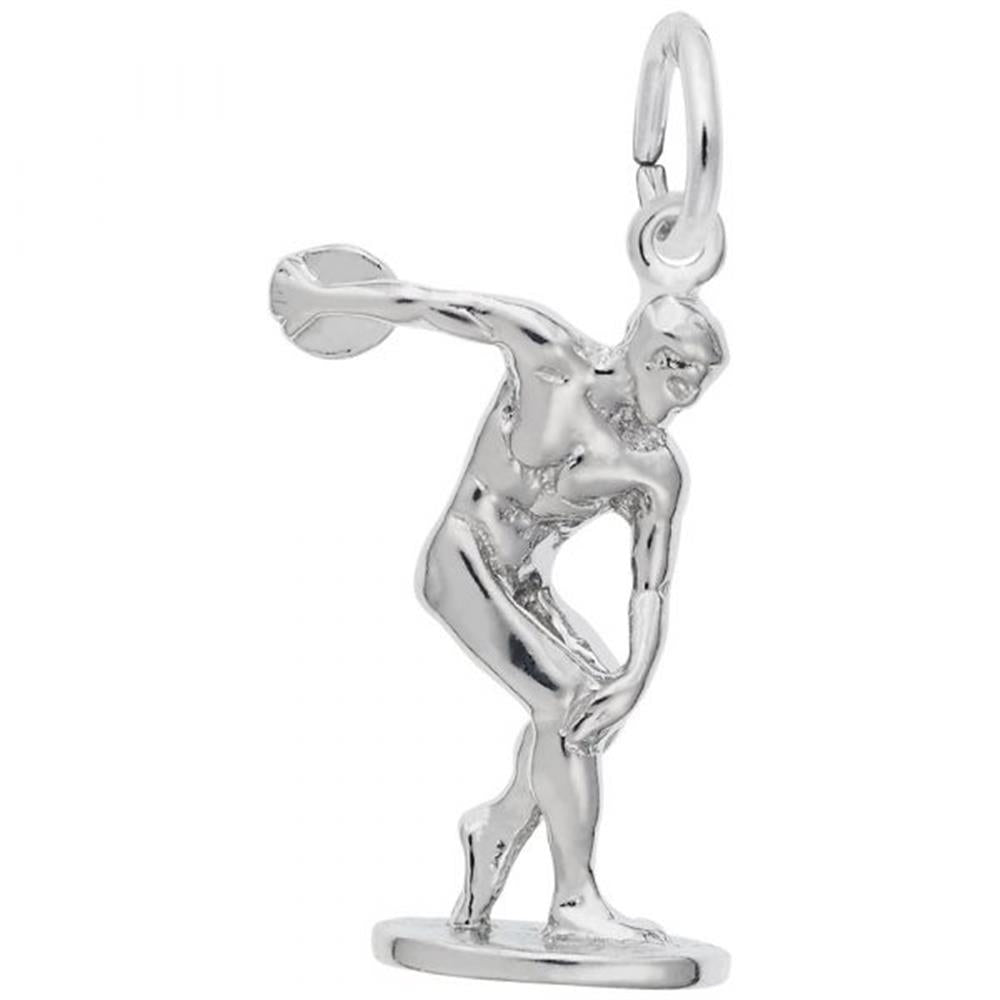 The Rembrandt Charms Discus Thrower Charm in sterling silver features a finely detailed figure of an athlete in mid-motion, standing on a small base, perfectly capturing the dynamic pose of a discus thrower with the discus poised for the throw.