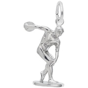 The Rembrandt Charms Discus Thrower Charm in sterling silver features a finely detailed figure of an athlete in mid-motion, standing on a small base, perfectly capturing the dynamic pose of a discus thrower with the discus poised for the throw.