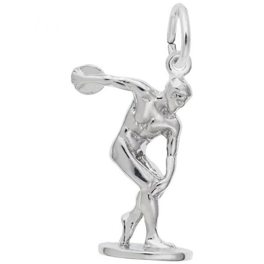 The Rembrandt Charms Discus Thrower Charm in sterling silver features a finely detailed figure of an athlete in mid-motion, standing on a small base, perfectly capturing the dynamic pose of a discus thrower with the discus poised for the throw.