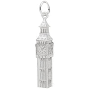 The Rembrandt Charms Big Ben Clock Tower Charm in sterling silver is an exquisite pendant. It showcases detailed architectural elements such as a clock face with visible hands and the iconic peaked roof. This charm also includes a small loop at the top, perfect for attaching to a chain or keyring.