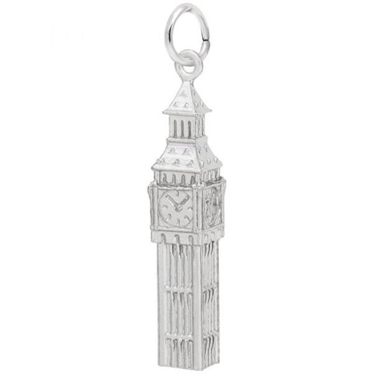 The Rembrandt Charms Big Ben Clock Tower Charm in sterling silver is an exquisite pendant. It showcases detailed architectural elements such as a clock face with visible hands and the iconic peaked roof. This charm also includes a small loop at the top, perfect for attaching to a chain or keyring.