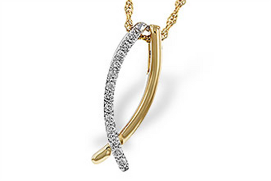 The Allison Kaufman 14k two tone diamond "Christian Fish" pendant features a gold rope chain and intersecting gold and silver bars with diamonds, creating an elegant, modern design inspired by the Christian Fish symbol.