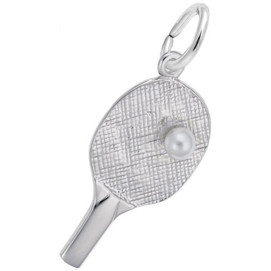 The Rembrandt Charms Ping Pong Charm in sterling silver features a textured finish, resembling a ping pong paddle with a small, round, pearl-like embellishment representing the ball on the paddle's surface. The 4028-Ss charm includes an attached loop for easy addition to a necklace or bracelet chain.