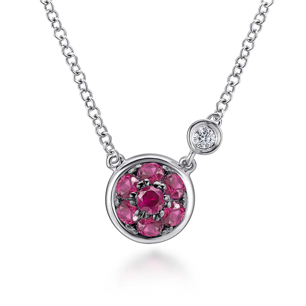 925 Sterling Silver Ruby Cluster And 
Diamond Pendant Necklace *Lusso