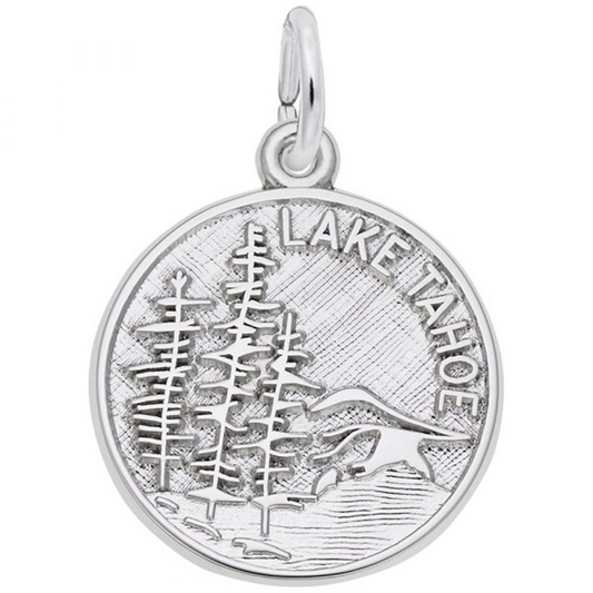 The Rembrandt Charms Mountain Scene - Lake Tahoe sterling silver charm features an engraved mountain and trees with "Lake Tahoe," and includes a loop for attaching to a chain or bracelet.