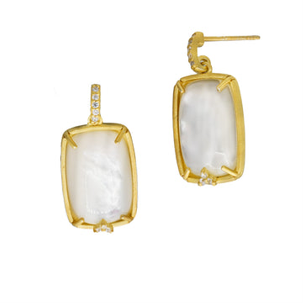 Freida Rothman's HAYZMPE14 Harmony MOP stone drop earrings feature white, translucent rectangular stones set in gold frames, each adorned with small round crystals on the top and bottom. One earring is shown frontally, the other in profile.