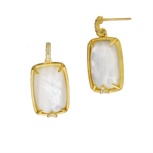 Freida Rothman's HAYZMPE14 Harmony MOP stone drop earrings feature white, translucent rectangular stones set in gold frames, each adorned with small round crystals on the top and bottom. One earring is shown frontally, the other in profile.