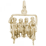 The Quadchair Ski Lift 10K Gold Charm by Rembrandt Charms features five seated figures in a detailed quadchair ski lift, each dressed in ski gear. The intricately crafted charm highlights both the lift and the unique features of the skiers, making it an ideal piece for any skiing enthusiast.