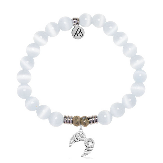 The T Jazelle White Cats Eye Gemstone Bracelet with Infinite Protection features smooth round beads, gold spacers, and a sterling silver angel wings charm with an engraved tag—a beautiful bracelet symbolizing protection.
