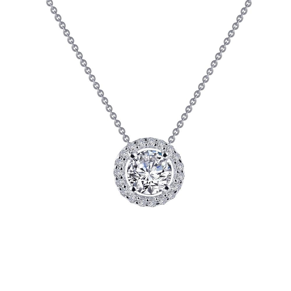 Introducing the Lafonn Round Halo Necklace, a captivating piece featuring a circular pendant adorned with a central, large round diamond encircled by smaller diamonds in an elegant halo setting. The pendant is gracefully attached to a delicate sterling silver chain, offering an exquisite and timeless appeal.