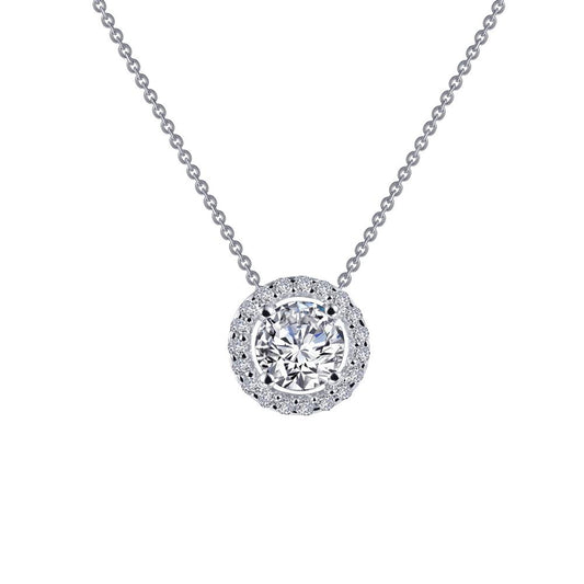 Introducing the Lafonn Round Halo Necklace, a captivating piece featuring a circular pendant adorned with a central, large round diamond encircled by smaller diamonds in an elegant halo setting. The pendant is gracefully attached to a delicate sterling silver chain, offering an exquisite and timeless appeal.