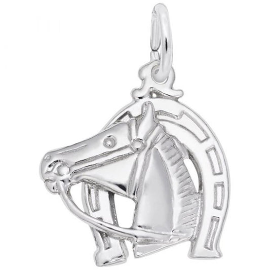 The Rembrandt Charms Horse Head with Horseshoe Charm is a sterling silver pendant showcasing a horse's head in profile, encircled by a detailed horseshoe design featuring several small rectangular marks. This charming piece also includes a finely crafted bridle on the horse and a small loop at the top for easy attachment to a chain or bracelet.