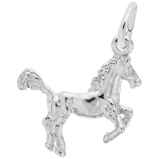 The Rembrandt Charms Horse Charm in Sterling Silver features intricate detailing that captures a horse in mid-gallop. This charming piece includes a small loop at the top, ideal for attaching to a necklace or bracelet.
