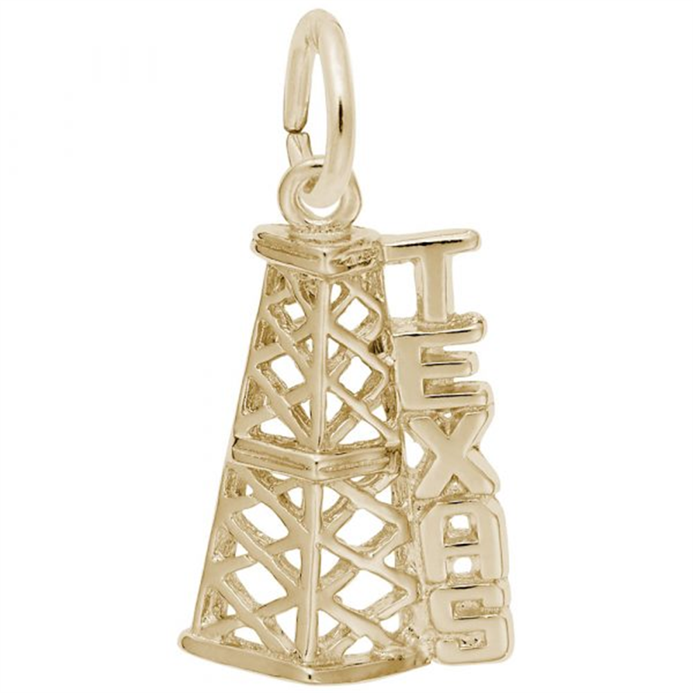 The Texas Oil Rig Charm by Rembrandt Charms is a gold-plated sterling silver pendant featuring an intricate lattice-patterned oil derrick design with "TEXAS" vertically inscribed in capital letters along one side. The exquisite charm includes a loop at the top for easy attachment to a chain or bracelet.