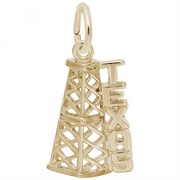 The Texas Oil Rig Charm by Rembrandt Charms is a gold-plated sterling silver pendant featuring an intricate lattice-patterned oil derrick design with "TEXAS" vertically inscribed in capital letters along one side. The exquisite charm includes a loop at the top for easy attachment to a chain or bracelet.