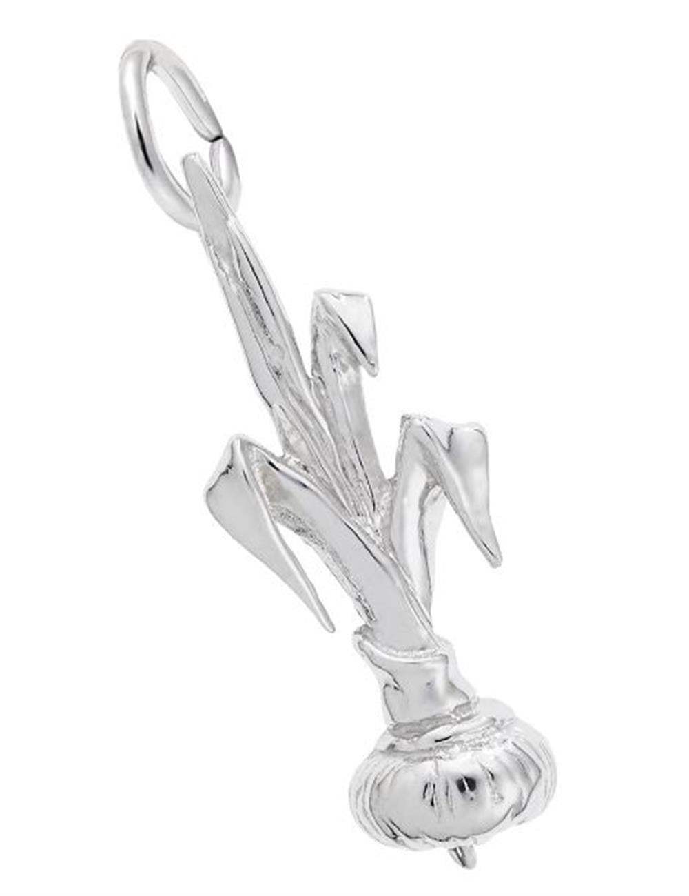 The Rembrandt Charms Onion Charm in sterling silver is a beautifully crafted piece shaped like an onion bulb, complete with long, detailed leaves extending upward. This exquisite charm includes a small loop at the top for easy attachment to a chain or cord, making it an elegant addition to any jewelry collection.