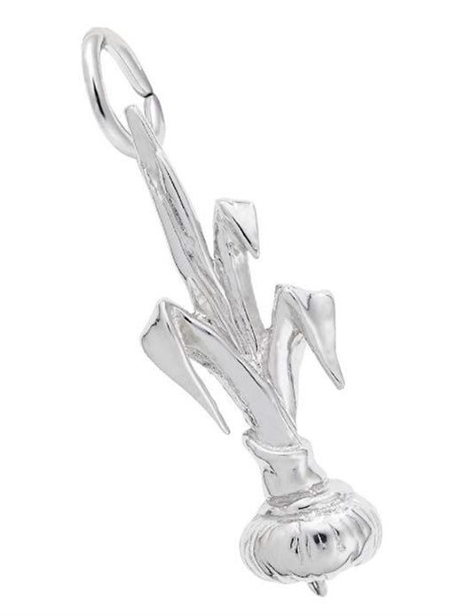 The Rembrandt Charms Onion Charm in sterling silver is a beautifully crafted piece shaped like an onion bulb, complete with long, detailed leaves extending upward. This exquisite charm includes a small loop at the top for easy attachment to a chain or cord, making it an elegant addition to any jewelry collection.