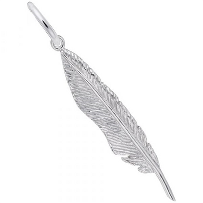 The Feather Charm - Sterling Silver by Rembrandt Charms features a finely detailed, etched silver feather suspended from a small loop, perfect as symbolic jewelry or a charming addition to any sterling silver necklace.