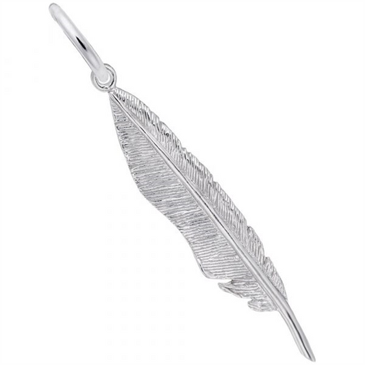 This exquisite Rembrandt Charms piece, the Feather Charm -SS, features detailed feather-like textures hanging from a small circular loop, beautifully capturing the delicate patterns of a real feather.