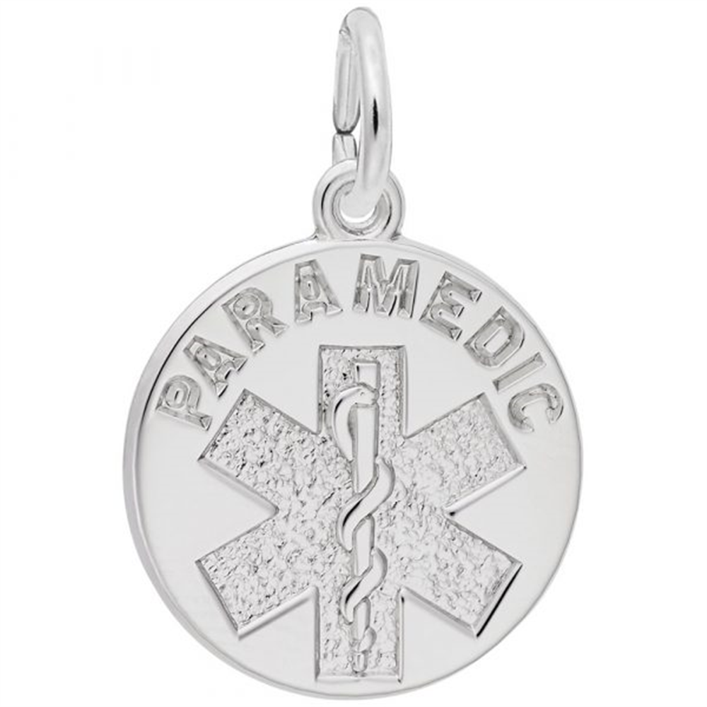 The Rembrandt Charms Paramedic - Sterling Silver Charm showcases the Star of Life symbol with a rod of Asclepius at its center, and has "PARAMEDIC" elegantly engraved along the top of the circular pendant.