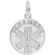 The Rembrandt Charms Paramedic - Sterling Silver Charm showcases the Star of Life symbol with a rod of Asclepius at its center, and has "PARAMEDIC" elegantly engraved along the top of the circular pendant.