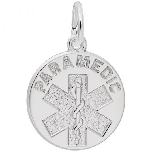 The Rembrandt Charms Paramedic - Sterling Silver Charm showcases the Star of Life symbol with a rod of Asclepius at its center, and has "PARAMEDIC" elegantly engraved along the top of the circular pendant.