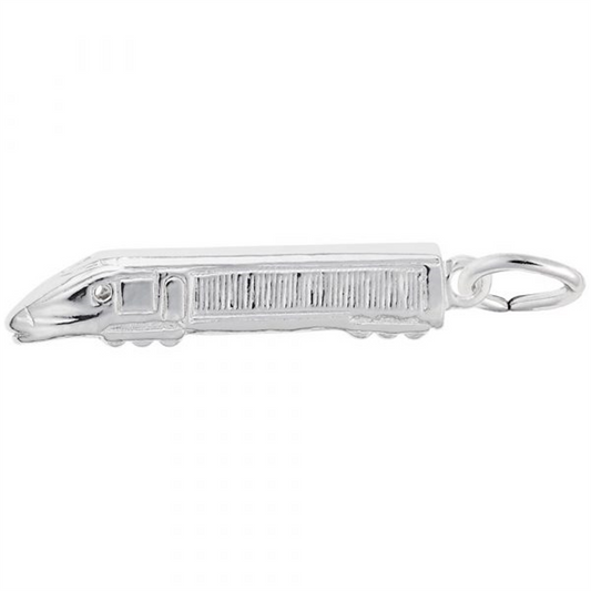 Rembrandt Charms offers the Eurotrain - Sterling Silver charm, a detailed depiction of a train engine with windows and grooves, complete with an attached loop for hanging on bracelets or necklaces.