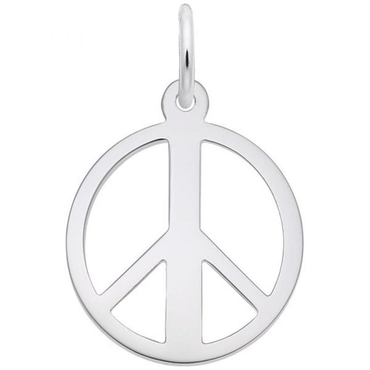 The Peace Symbol Charm by Rembrandt Charms is crafted from sterling silver and features the iconic circular peace emblem, complete with three internal lines forming an inverted Y, synonymous with pacifism and anti-war movements. This charm includes a small loop at the top for easy attachment.