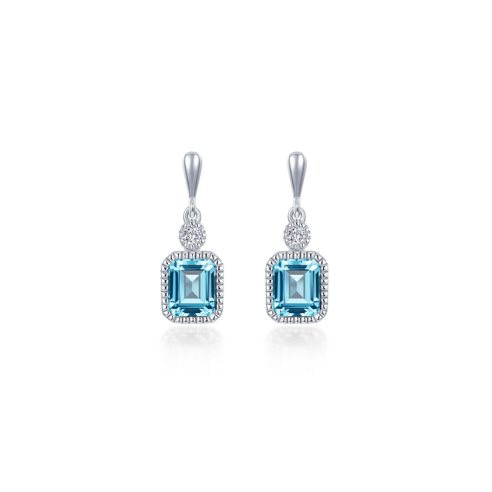 The Lafonn MARCH sim diamond, aquamarine earrings feature rectangular blue gemstones framed by sparkling sim diamonds and a round clear stone above each, all set in elegant silver.