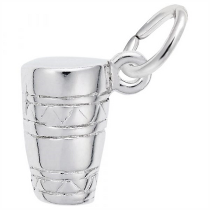 The Rembrandt Charms Bongo Drum Charm in sterling silver features engraved lines and patterns that capture the spirit of this classic instrument; it comes with a round jump ring for easy attachment to a bracelet or necklace—an ideal accessory for music lovers and anyone looking for a unique, music-themed charm.