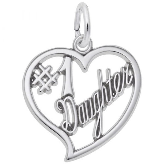 The Rembrandt Charms #1 Daughter Heart Charm is crafted from sterling silver and features an engraving that says "Number One Daughter" in the center, complete with a loop at the top for easy attachment to a chain.