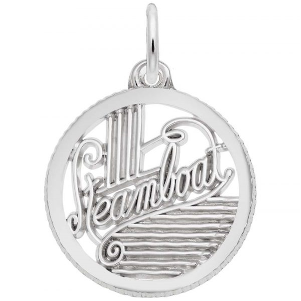 The Steamboat Charm- Sterling Silver by Rembrandt Charms features a beautifully detailed steamboat wheel design in silver, with "Steamboat" elegantly written in cursive across the center and accented by steam pipes and wavy lines. This distinctive charm is a perfect piece of travel jewelry or a memorable keepsake for mountain adventures, embodying the spirit of exploration and wanderlust.