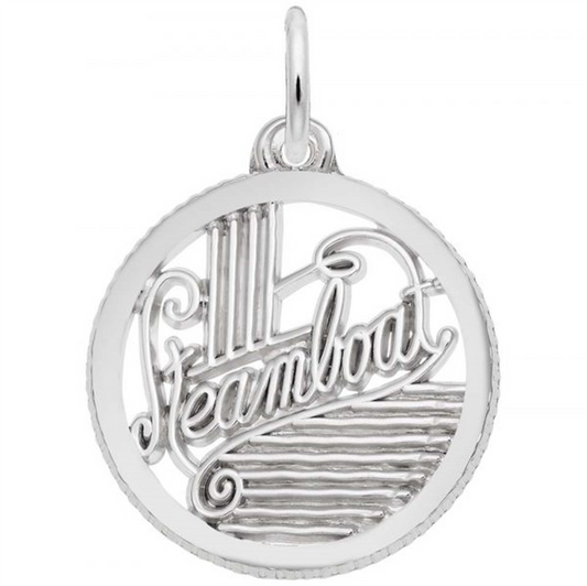 The Steamboat - Sterling Silver Charm by Rembrandt Charms features "Steamboat" in elegant script with wavy water lines and vertical steam lines, all within a circular border.
