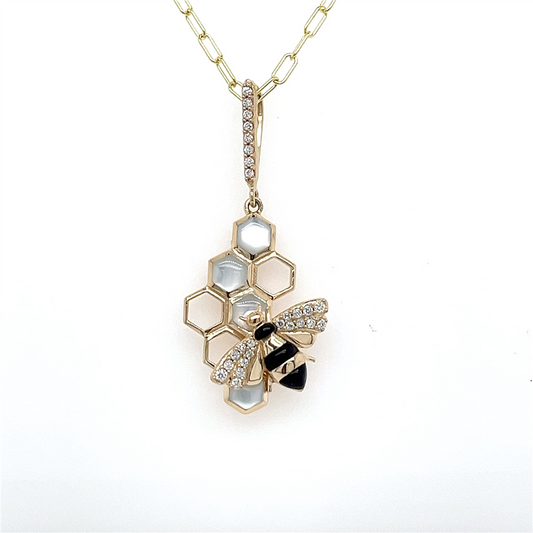 The Kabana 14K Bee and Honeycomb Pendant features a white mother-of-pearl honeycomb, jeweled bee accents, and clear stones, all set on an elegant paperclip link chain.