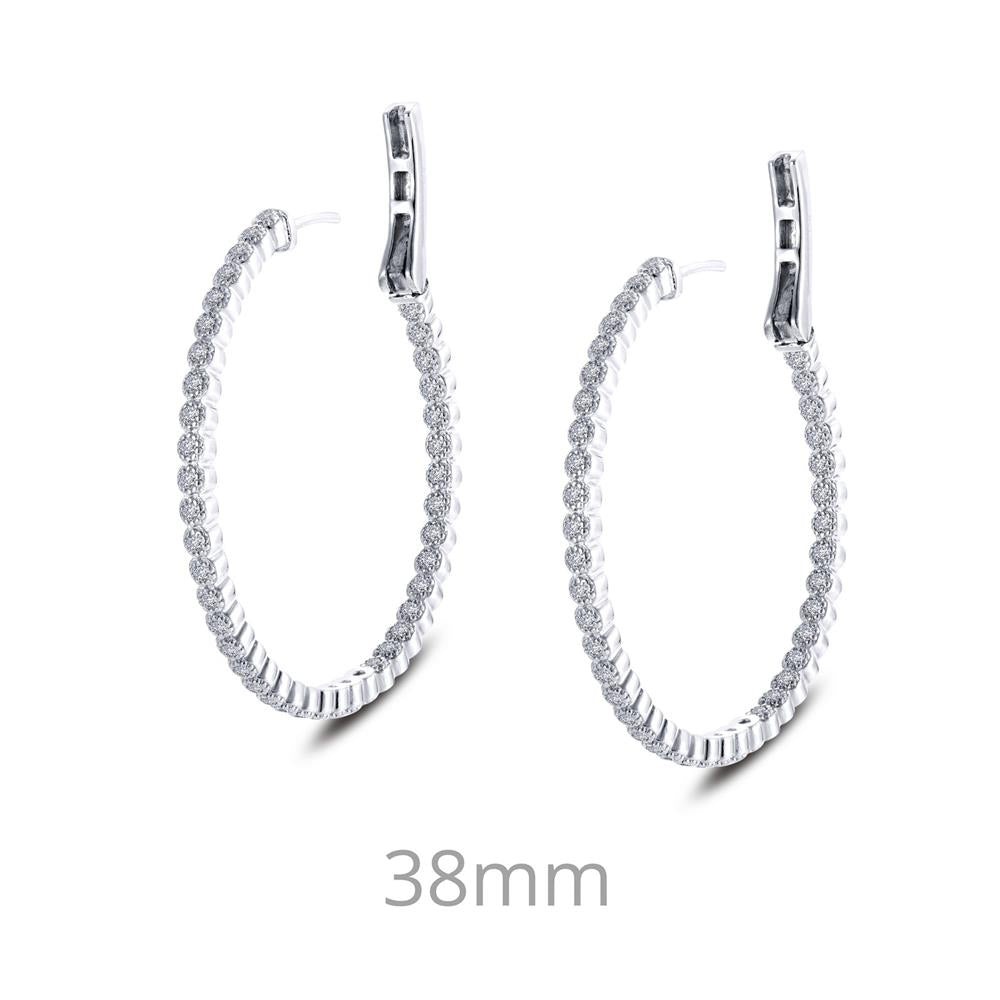 A pair of 1.23cts Diamonds Hoop Earrings by Lafonn, featuring sterling silver inside out hoops encrusted with small, round simulated diamonds along their outer edges. The image includes a label at the bottom that reads "38mm," indicating the diameter of the earrings. The earrings are shown against a plain white background.