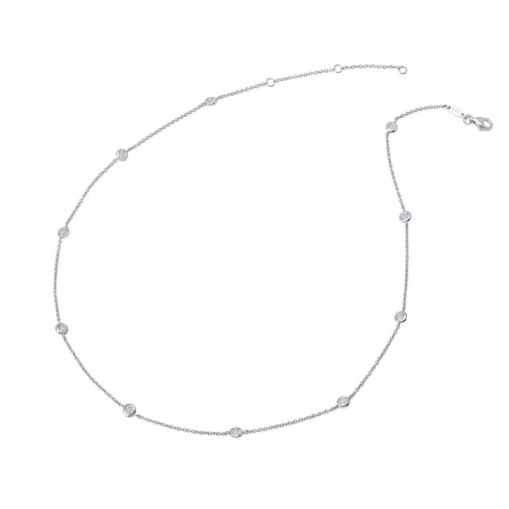 The Lafonn Classic Station Necklace is a delicate silver piece featuring evenly spaced small round diamond accents along its chain. This timeless necklace is arranged in a circular shape with a lobster clasp closure visible at one end, set against a plain white background.