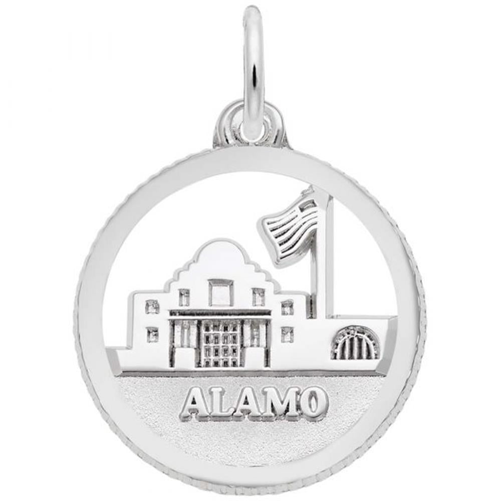 Sterling silver Alamo disc charm by Rembrandt Charms, featuring an engraved Alamo building with a flag and the word "ALAMO" below, with a small loop for attachment. Dimensions: 0.69 in x 0.69 in (17.65 mm x 17.65 mm).