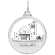 Sterling silver Alamo disc charm by Rembrandt Charms, featuring an engraved Alamo building with a flag and the word "ALAMO" below, with a small loop for attachment. Dimensions: 0.69 in x 0.69 in (17.65 mm x 17.65 mm).