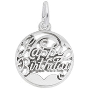 The Rembrandt Charms "Happy Birthday Open Disc Charm" in sterling silver features an elegant, round design with the words "Happy Birthday" in a decorative script. Designed with a loop at the top, it's ideal for attaching to a chain or bracelet. Its intricate cut-out style adds to its delicate and sophisticated appearance.