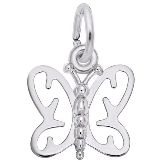 The Butterfly Small Charm from Rembrandt Charms features a sterling silver, butterfly-shaped pendant with an intricate, openwork design on its wings. It includes a circular loop at the top for easy attachment to a necklace or bracelet.