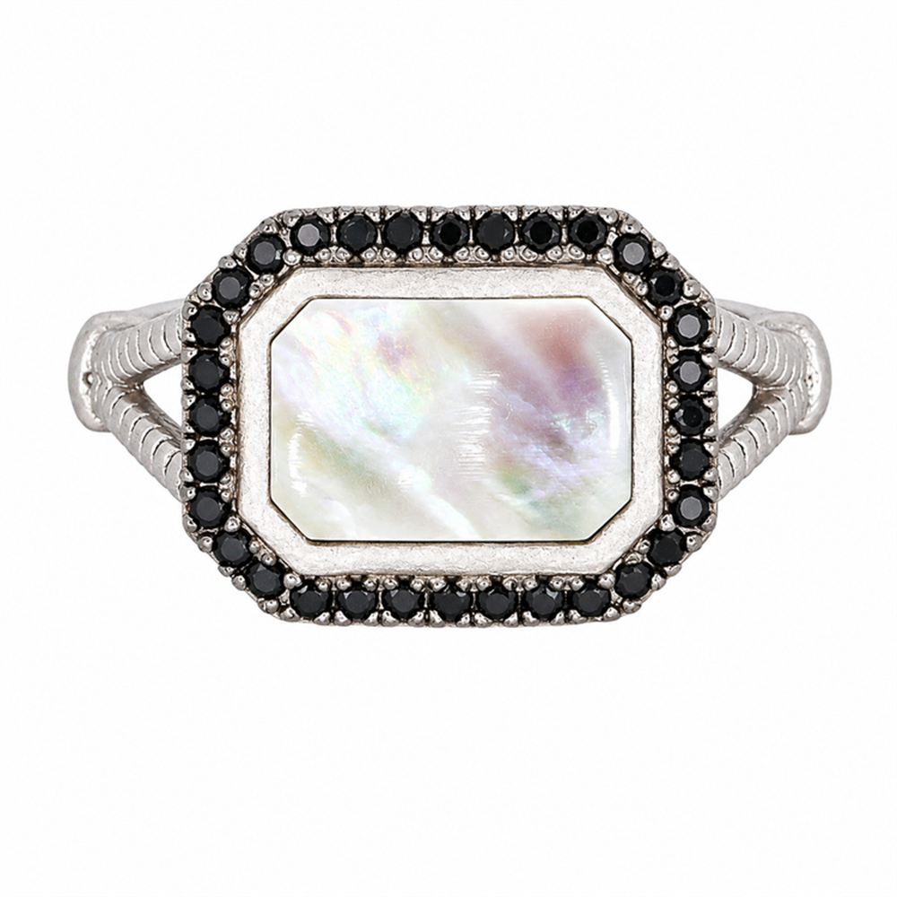 The Freida Rothman Cobblestone Cocktail Ring (style IFPKMR58-7), size 7, features a silver octagonal mother-of-pearl center, bordered by black stones on a detailed split shank band.