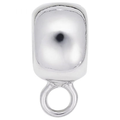 Close-up image of a shiny, reflective Pandora Converter Charm Drop - Large Width Charm in sterling silver by Rembrandt Charms. This rectangular, slightly domed pendant bail features a small circular loop at the bottom for attaching to jewelry. The smooth, polished surface gleams beautifully, making it an ideal charm drop for necklaces or other pieces.